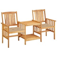 vidaXL Patio Bistro Set Rustic Solid Acacia Wood Outdoor Tea Table with 2 Comfortable Chairs and Beige Cushions Perfect for