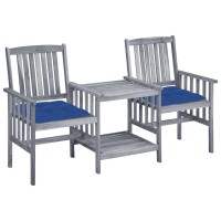 vidaXL Outdoor Bistro Set with Tea Table Gray Patio Chairs with Royal Blue Cushions Solid Acacia Wood Assembly Required