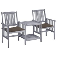 vidaXL Patio Bistro Set with Tea Table and Cushions in Solid Acacia Wood Outdoor Furniture Set with Gray Finish and Taupe Colo