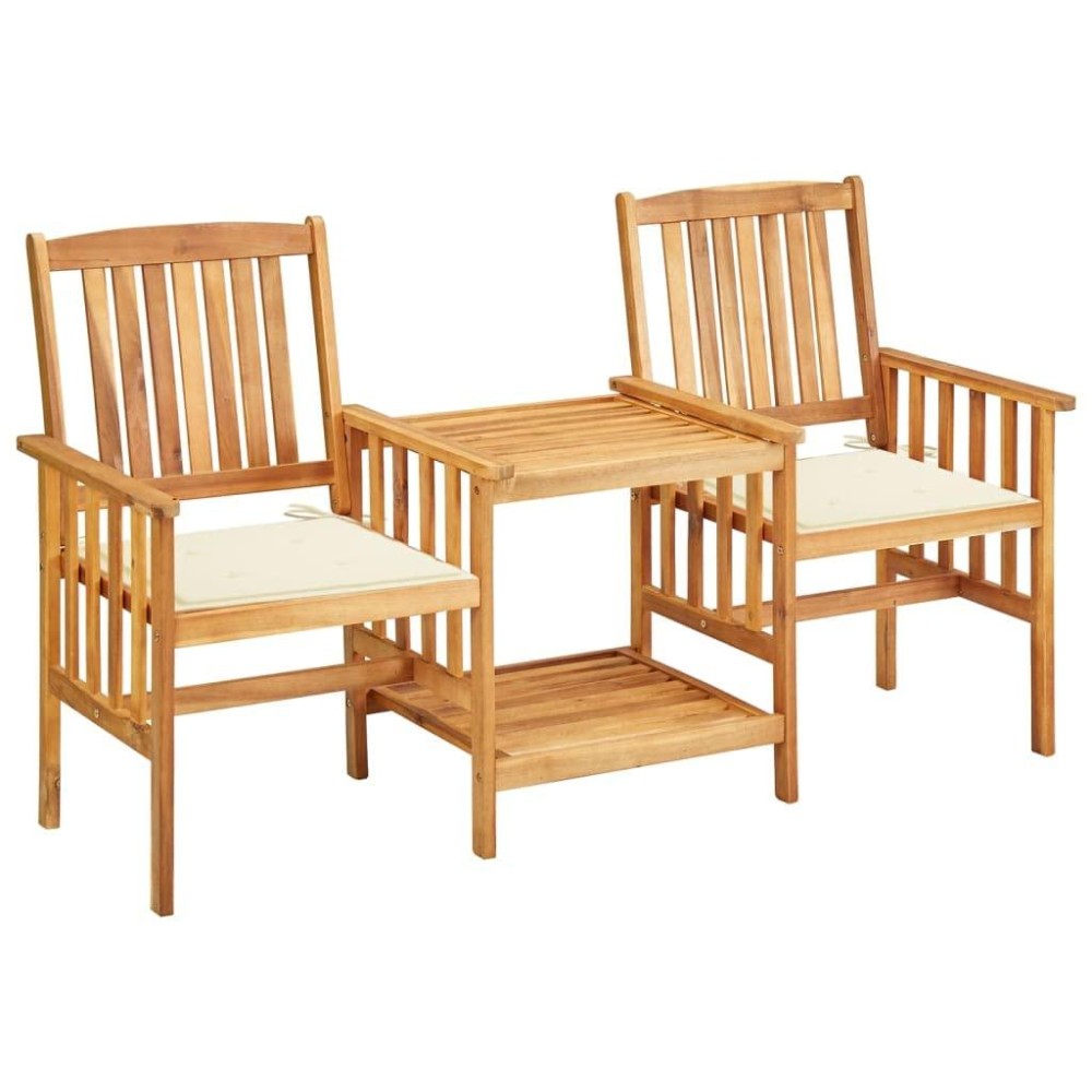 vidaXL Solid Acacia Wood Bistro Set Patio Chairs with Tea Table Cushions and Lower Shelf Perfect for Garden or Patio