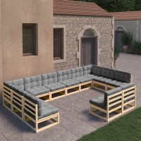 vidaXL 12 Piece Patio Lounge Set Sturdy Solid Pinewood Construction Gray Cushions Easy Assembly WeatherResistant Outdoo