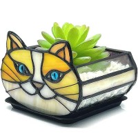 Entlityful Stained Glass Yellow Cat Flower Pot Small Succulent Planter For Indoor Plants Cat Plant Decoration For Windowsill 43