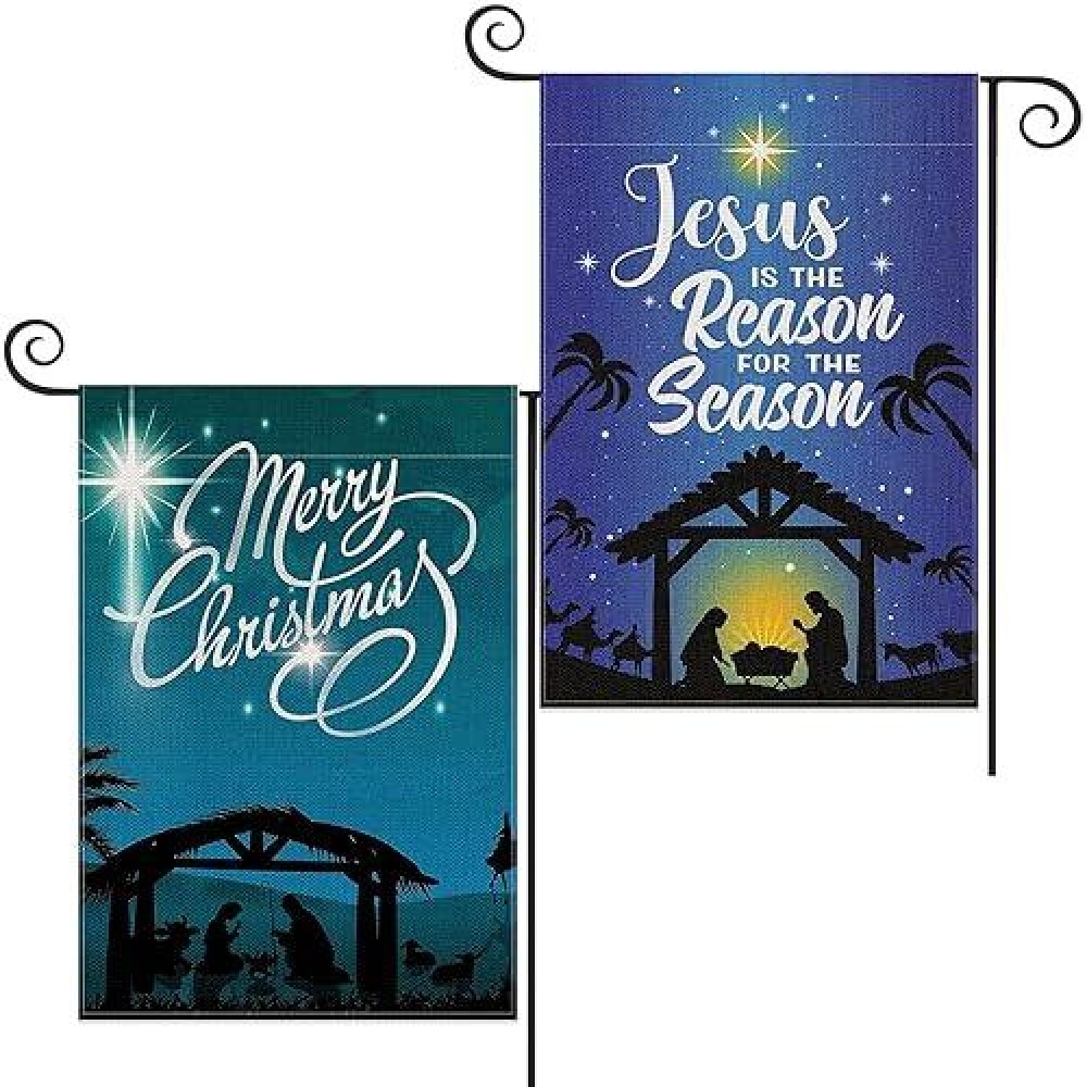 2 Pack Merry Christmas Jesus Garden Flag 12?18 Inch Double Sided Vertical Burlap Jesus Is The Reason For The Season Garden Flag For Christmas Holiday Party Yard Outdoor Decoration