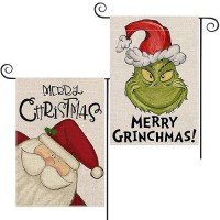 2 Pack Merry Christmas Garden Flags 12?18 Inch Double Sided Vertical Burlap Grinchmas Santa Claus Garden Flag For Christmas Holiday Party Yard Outdoor Decoration