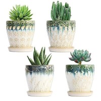 Yffsrjdj Succulent Planter 4 Inch  Succulent Pot With Drainage Holes  Saucers And Mesh Pads For Indoor Plants  Ceramic Pot For Indoor Plants- Set Of 4