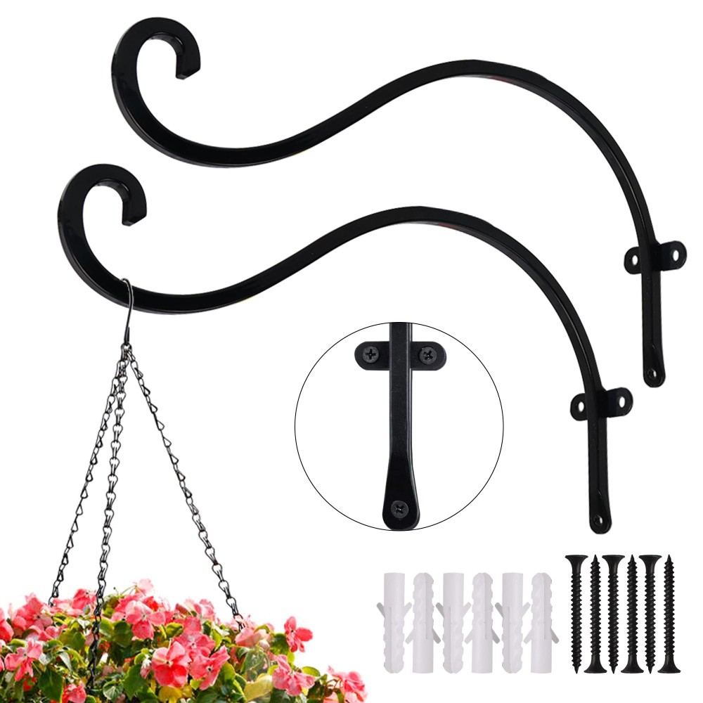 Hourleey 2 Pack Plant Hanger Outdoor 12 Inch Heavyduty Hanging Plant Hook For Outside Basket Black Metal Wall Mount Plant Bra