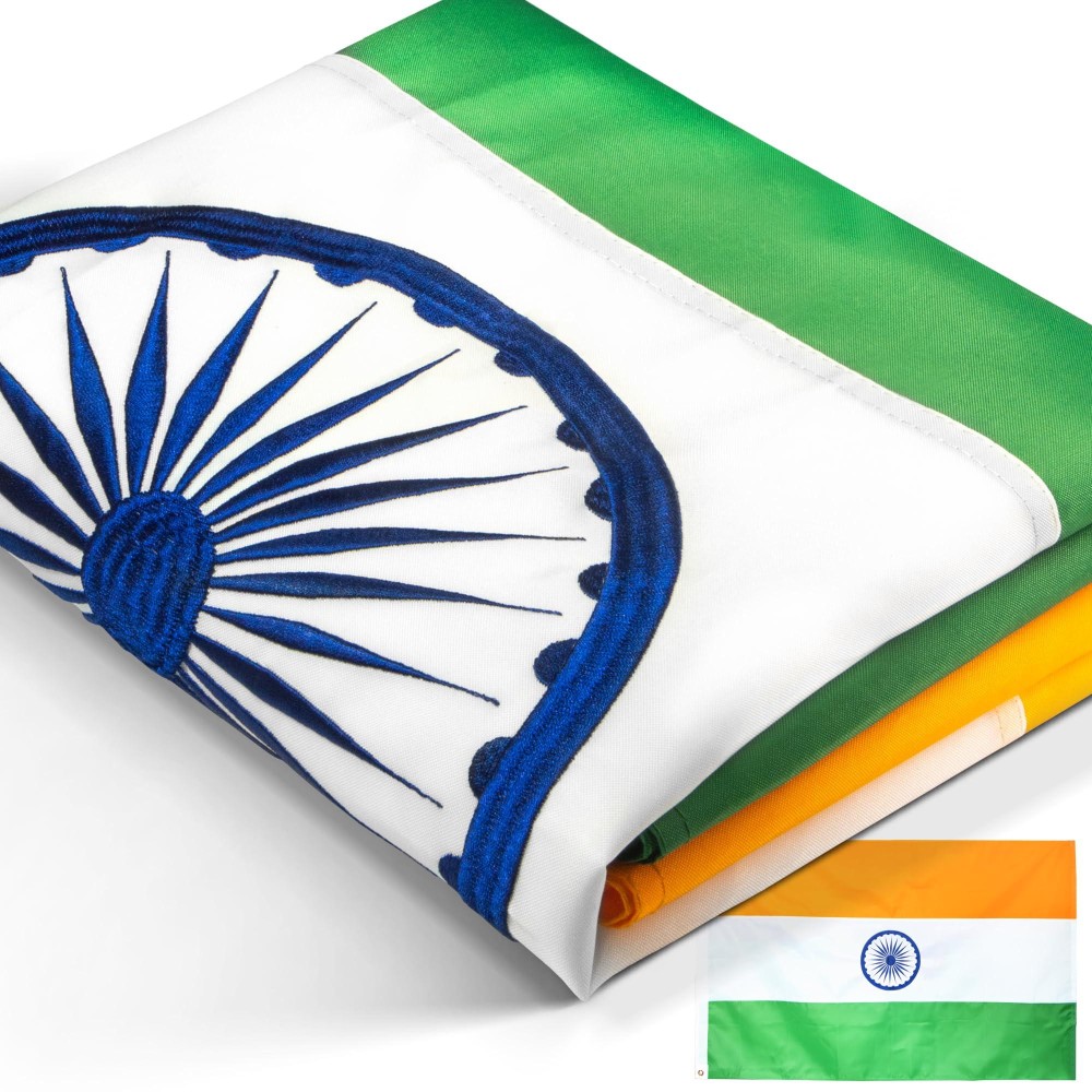 Anley Everstrong Series Embroidered India Flag 3X5 Feet Embroidery Heavy Duty Canvas Header 4 Rows Of Lock Stitching Nyl