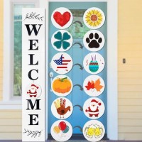 Lotkey Seasonal Welcome Sign For Front Door 47 X 79 Inch Welcome Sign With 12 Wooden Icons 6 Doublesided Disks Porch Decor