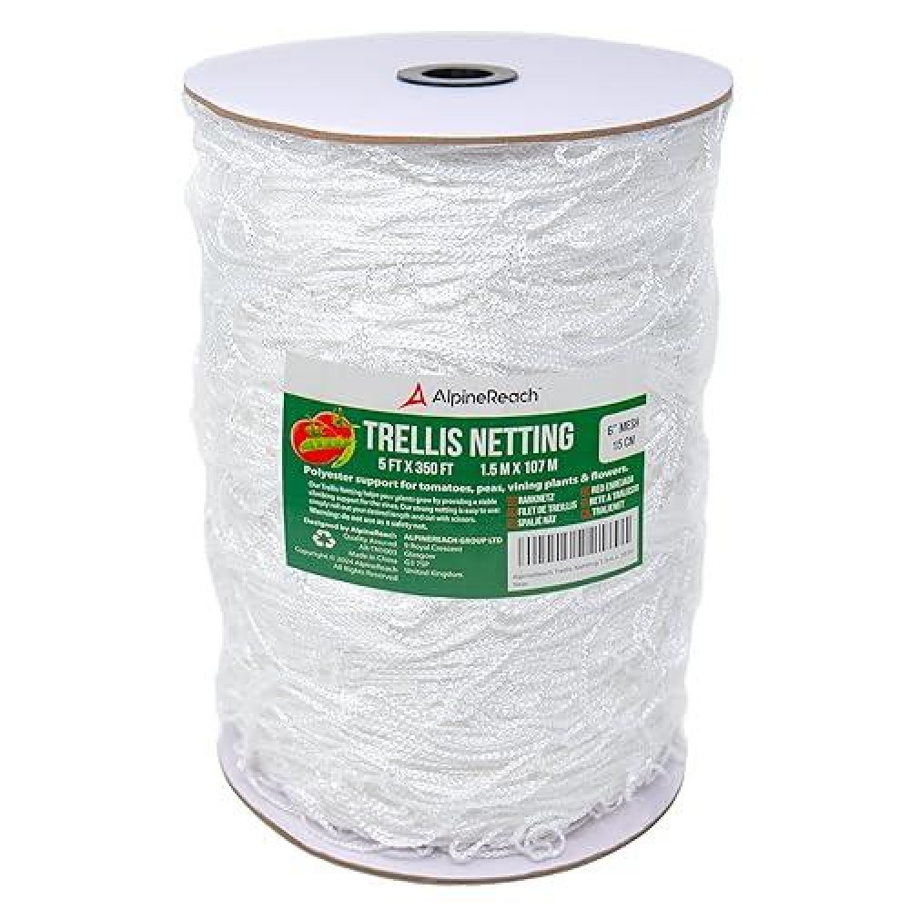 Alpinereach Trellis Netting 5 X 350 Ft Heavy Duty Polyester White 6 Inch Mesh Support Twine For Growing High Yield Tomatoes P