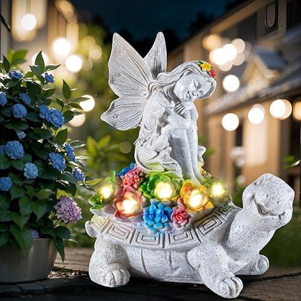 Owanvion Solar Garden Statue Outdoor Decor Fairy Sitting On Turtle Statue With Succulent And Solar Led Light Lawn Tortoise Orn