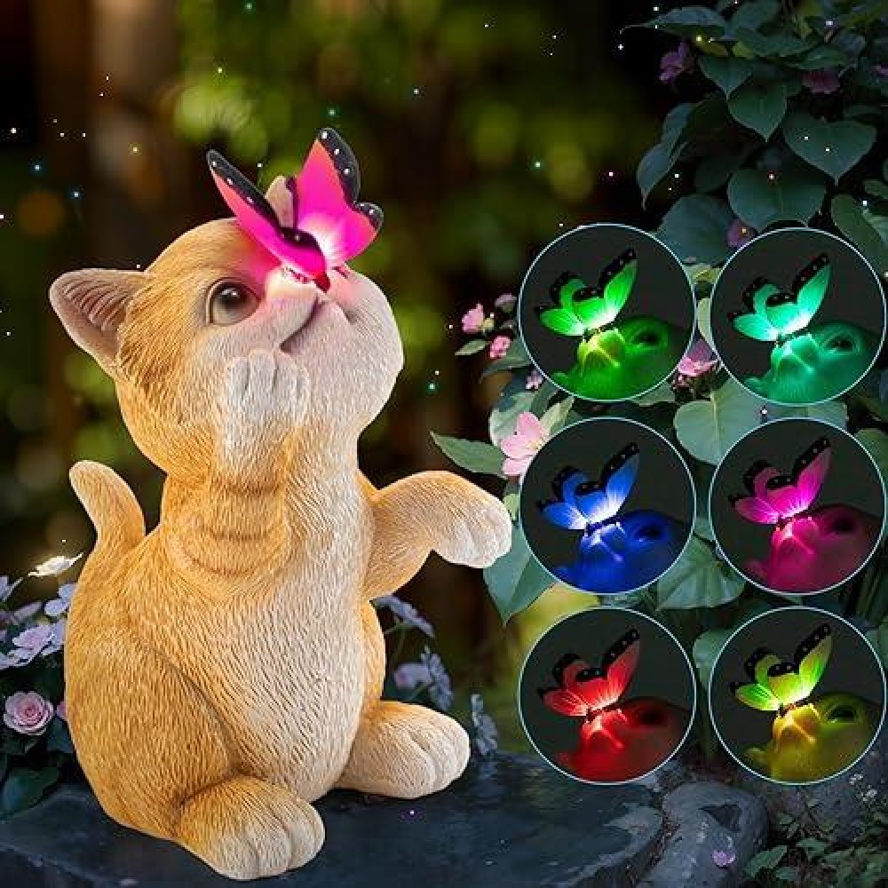 Owanvion Solar Cat Garden Statue Resin Outdoor Statues With Butterfly Changing Light Yard Art Lawn Ornaments For Patio Balcony