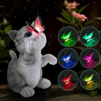 Owanvion Solar Cat Garden Statue Resin Outdoor Statues With Butterfly Changing Light Yard Art Lawn Ornaments For Patio Balcony