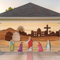 Preboun Easter Resurrection Scene Garage Door Decorations 7 X 16 Ft Christian Empty Tomb Figurines Garage Door Banner Religious