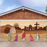 Preboun Easter Resurrection Scene Garage Door Decorations 7 X 16 Ft Christian Empty Tomb Figurines Garage Door Banner Religious