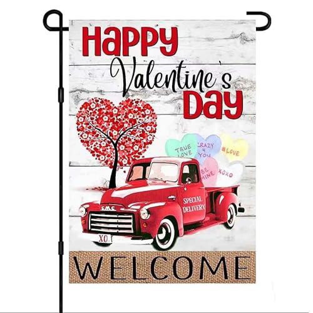 Happy Valentines Day Truck Garden Flag 12?18 Inch Vertical Double Sided For Outside Love Heart Tree Small Holiday Welcome Rustic Anniversary Wedding Yard Outdoor Decoration Flag