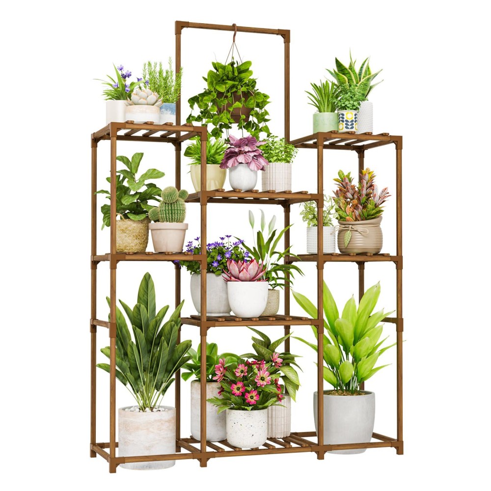 Bamworld Plant Stand Indoor Outdoor Large Plant Shelf Tall Hanging Plant Holder Wood Flower Stand For Window Living Room Garden