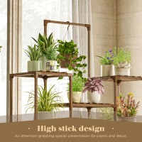 Bamworld Plant Stand Indoor Outdoor Large Plant Shelf Tall Hanging Plant Holder Wood Flower Stand For Window Living Room Garden