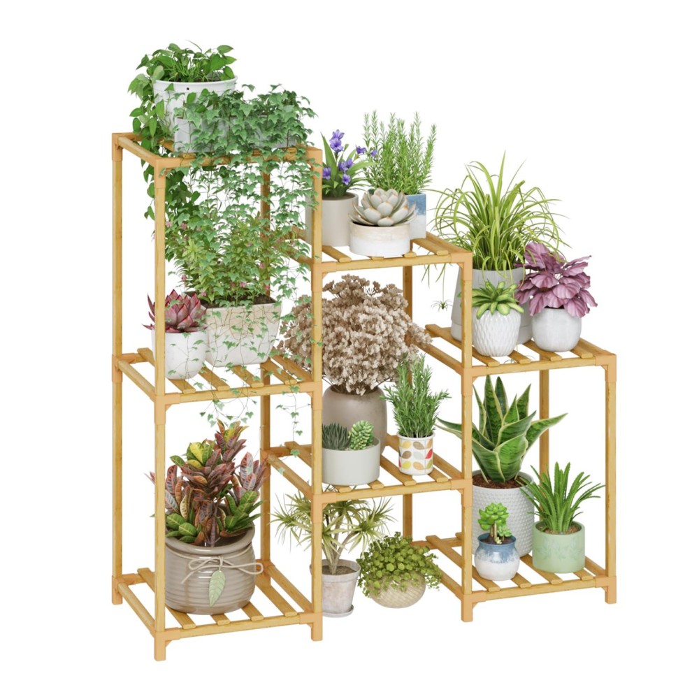 Bamworld Bamboo Plant Stand Indoor Boho Plant Shelf Tiered Plant Rack For Multiple Plants 3 Tiers 7 Pots Ladder Plant Holder Pla