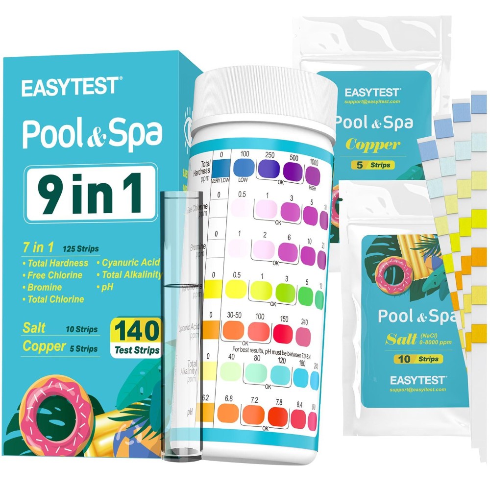 Easytest 9Way Pool Test Strips 140 Strips For Hot Tub And Spa Accurate Testing Ph Total Chlorine Free Chlorine Bromine Al