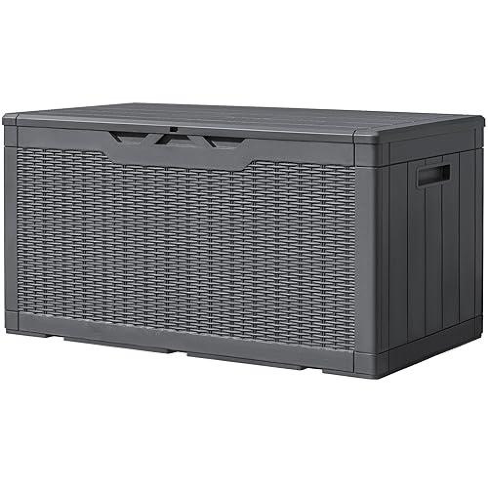 Greesum 100 Gallon Resin Deck Box Large Outdoor Storage Imitation Rattan Weave Texture For Patio Furniture Garden Tools Pool