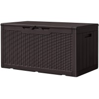 Greesum 100 Gallon Resin Deck Box Large Outdoor Storage Imitation Rattan Weave Texture For Patio Furniture Garden Tools Pool