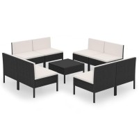 vidaXL 9Piece Patio Lounge Set with Cushions Outdoor PE Rattan Furniture Set Black with WeatherResistant Frame and Cream W