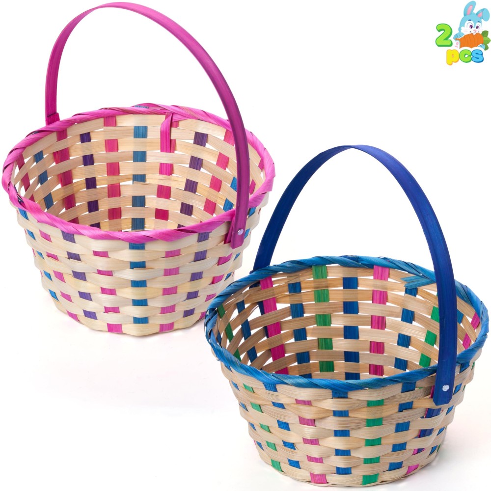 Joyin 2 Pcs Easter Plaid Basket Blue Pink Round Woven Goodie Basket With Folding Handle Empty Gift Basket For Easter Egg Hun