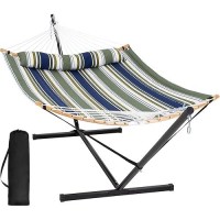 Suncreat Hammocks For Outside With Stand Included  Double Hammock With Curved Spreader Bar  Carrying Bag  Dark Green Stripes