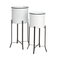 Creative Coop Round Corrugated Metal Planters On Stands White And Black Set Of 2