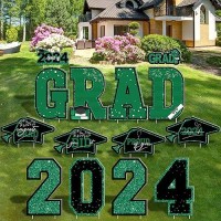 14 Pcs Graduation Outdoor Decor  Green Glitter Congratulations Graduation Yard Signs With Stakes  Plastic Congrats Grad Yard Stakes  Large Grad Cap College High School Outdoor Lawn Decorations