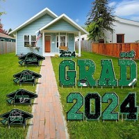 14 Pcs Graduation Outdoor Decor  Green Glitter Congratulations Graduation Yard Signs With Stakes  Plastic Congrats Grad Yard Stakes  Large Grad Cap College High School Outdoor Lawn Decorations