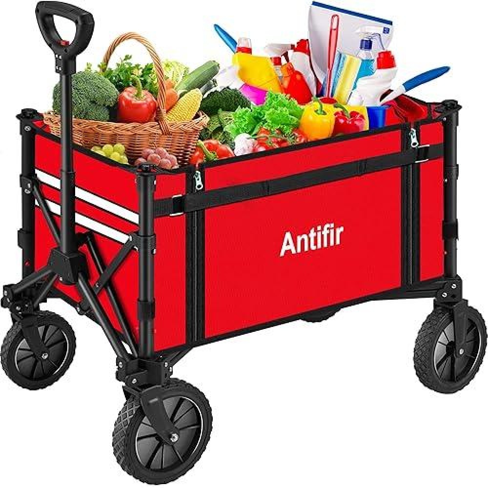 Antifir Collapsible Wagon With Large Capacity  Utility Wagons Carts Heavy Duty Foldable  Portable Folding Wagon With All-Terrain Wheels For Grocery Gardening Sports Shopping Fishing(Red)