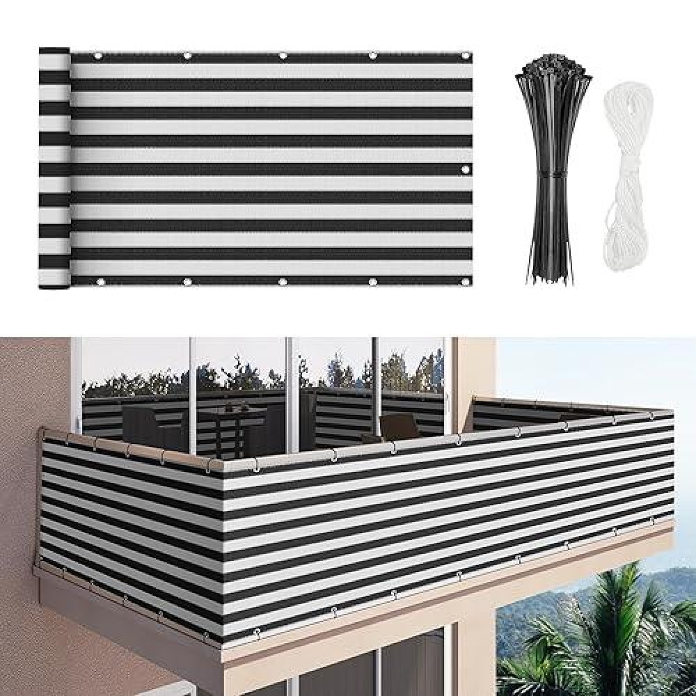 Duerer Balcony Screen Privacy Fence Cover 3 X 165 Black White Fence Netting Mesh Shade Cloth Fabric Uv Protection For Apartme