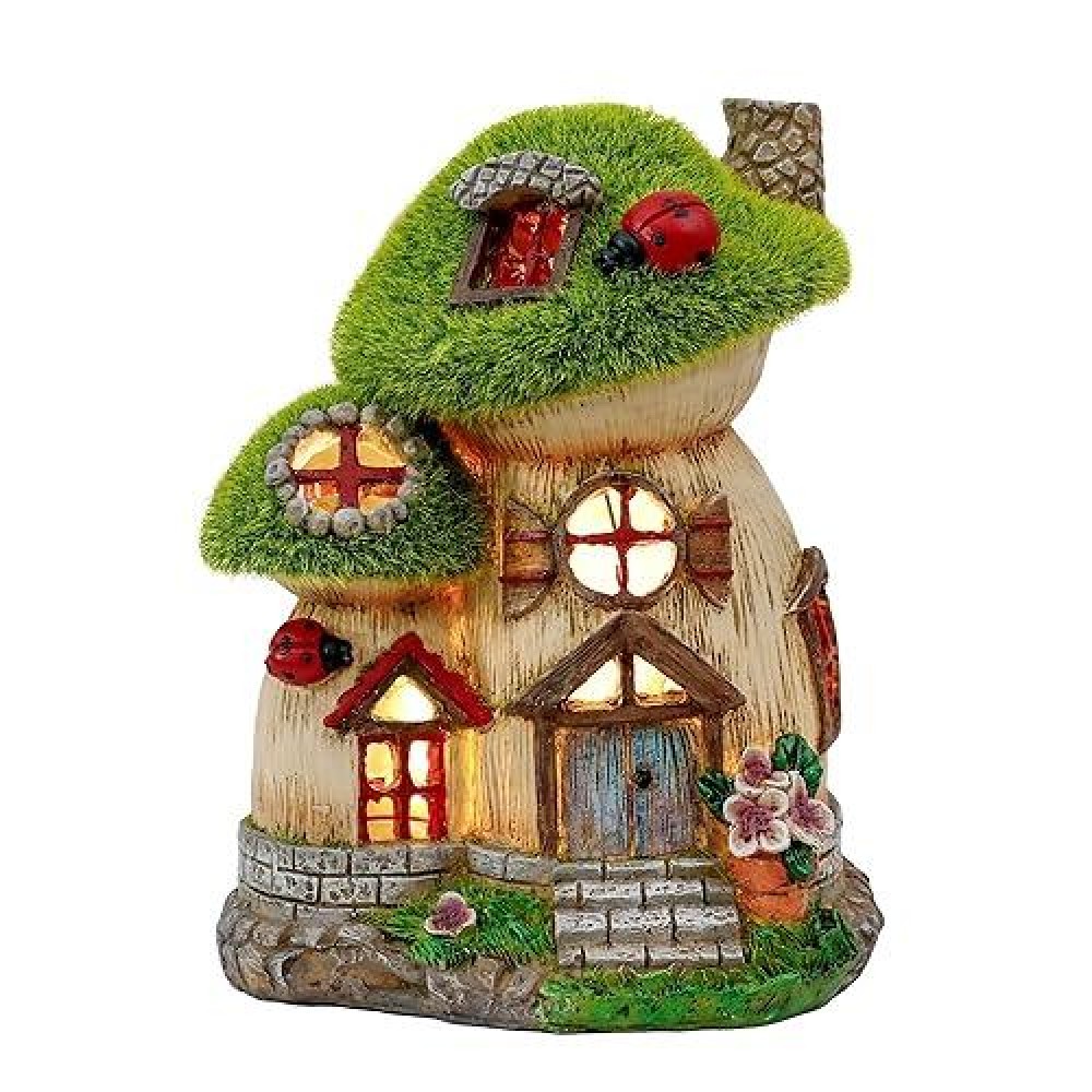 Teresa'S Collections Mushroom Garden Statues With Outdoor Solar Light  Green Flocked Fall Decorations For Home  Resin Fairy House Accessories Outdoor Fall Decor Yard Lawn Ornaments Gifts For Mom 6.6