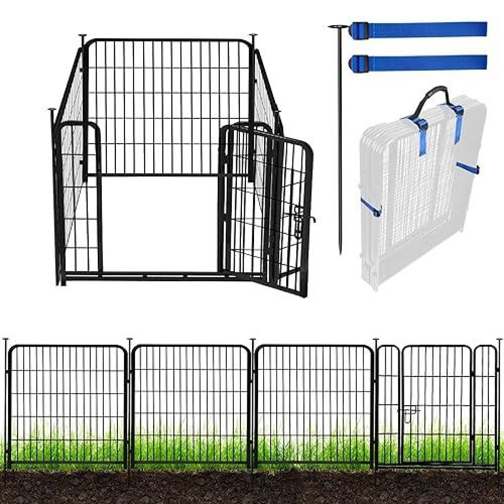 Adavin Tall Garden Fence With Gate 40 Inh 4 Panels Animal Barrier Fence Black Heavy Duty Iron Metal Fencing Border Indoor Or