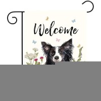 Floral Border Collie Garden Flag Spring Summer Yard Flag Flower Dog Garden Flags For Outside Small Outdoor Welcome Flags 12X18 D