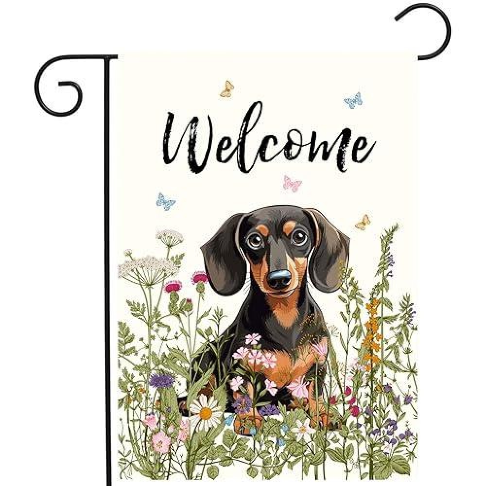 Floral Dachshund Garden Flag Spring Summer Yard Flag Flower Dog Garden Flags For Outside Small Outdoor Welcome Flags 12X18 Doubl