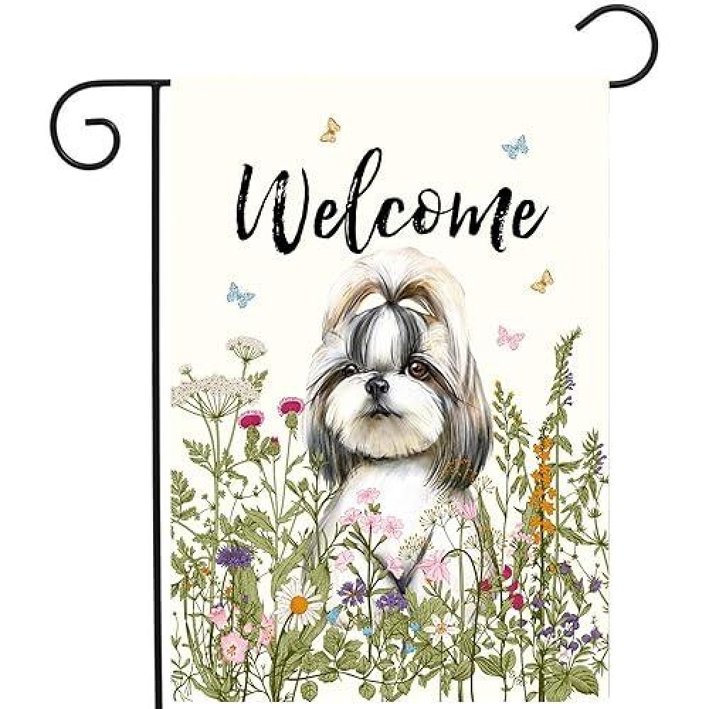 Spring Summer Garden Flag Floral Shih Tzu Yard Flag Flower Dog Garden Flags For Outside Small Outdoor Welcome Flags 12X18 Double