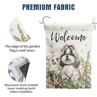 Spring Summer Garden Flag Floral Shih Tzu Yard Flag Flower Dog Garden Flags For Outside Small Outdoor Welcome Flags 12X18 Double