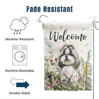 Spring Summer Garden Flag Floral Shih Tzu Yard Flag Flower Dog Garden Flags For Outside Small Outdoor Welcome Flags 12X18 Double