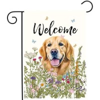 Spring Summer Garden Flag Floral Golden Retriever Yard Flag Flower Dog Garden Flags For Outside Small Outdoor Welcome Flags 12X1