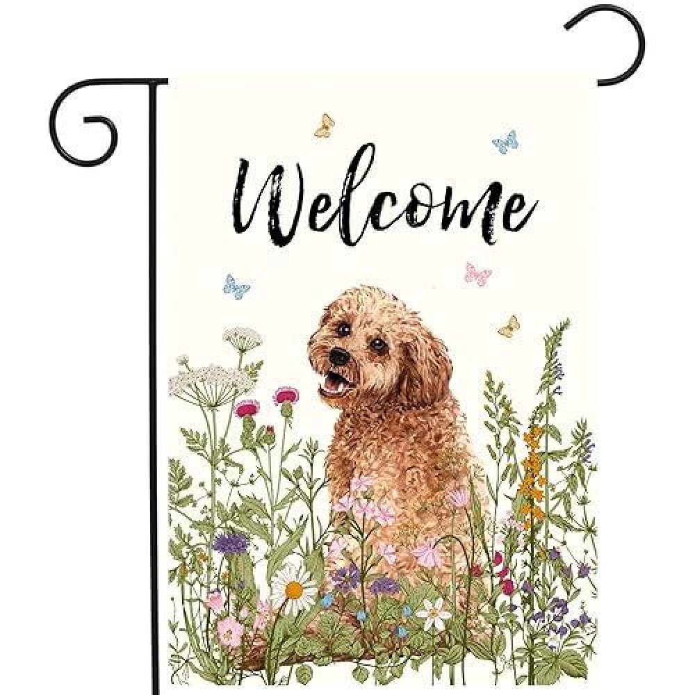 Spring Summer Garden Flag Floral Golden Doodle Puppy Yard Flag Flower Dog Garden Flags For Outside Small Outdoor Welcome Flags 1