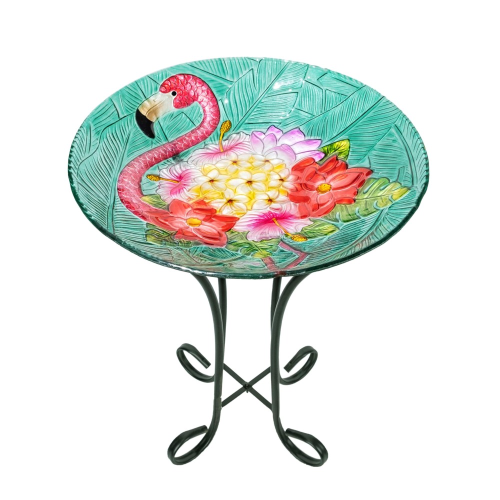 Teamson Home 4025092 Glass Birdbath With Tropical Design Bird Bath Bright Flamingo