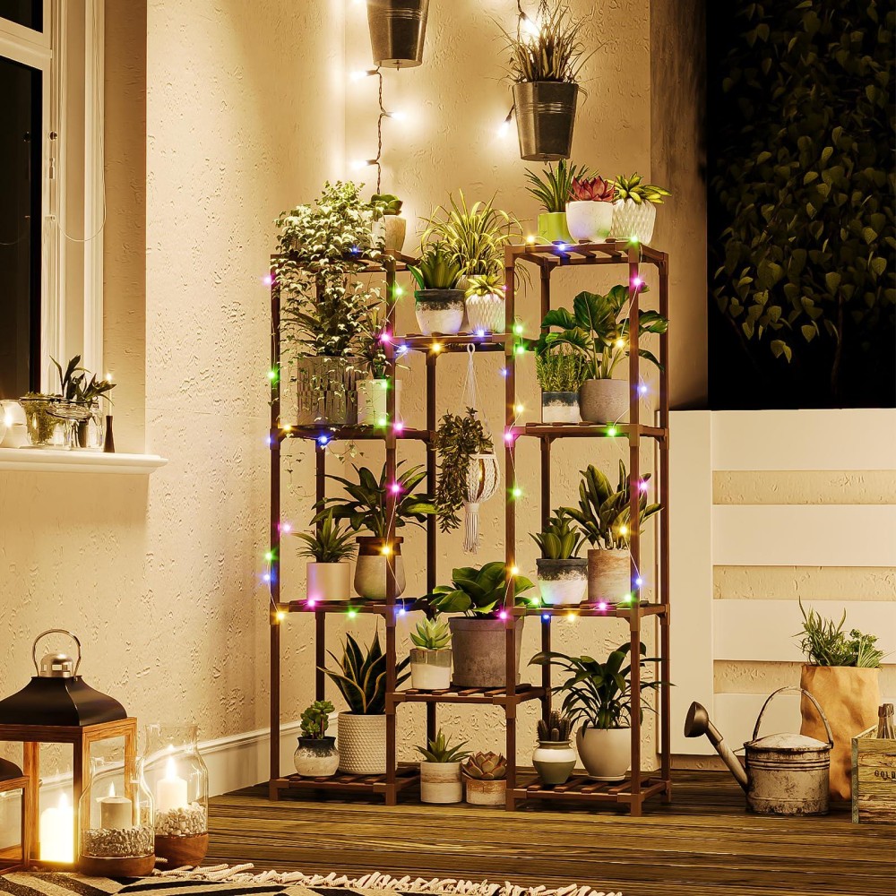 Bamworld Indoor Plant Stand With Fairy Light Hanging Plants Shelf For Multiple Plants Pots Tall Large Flower Holder For Living R