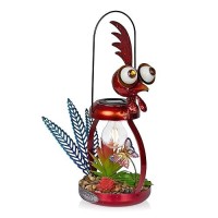 Alpine Corporation Lyt286Slrhh Solarpowered Metal Rooster Wgarden Enclosed Led Light Decor Solar Patio Decor 16H Red