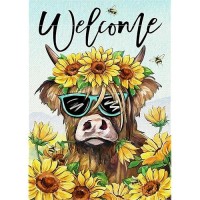 Covido Welcome Spring Summer Highland Cow Decorative Garden Flag Farm Animal Sunflower Floral Flower Yard Outside Decorations