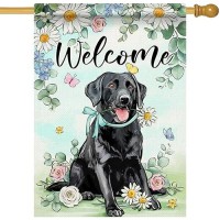 Covido Welcome Spring Black Labrador Dog Decorative House Flag Pet Daisy Flower Eucalyptus Leaves Garden Yard Outside Decoratio