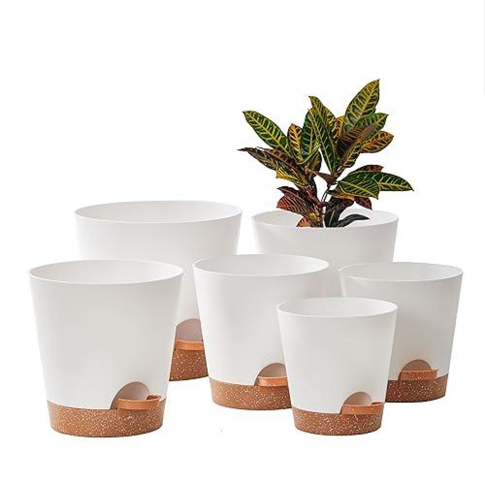 Faithland 6Pack White Self Watering Planter Pots For Indoor Outdoor Plants 8 7 65 6 55 5 Inches Flower Pots