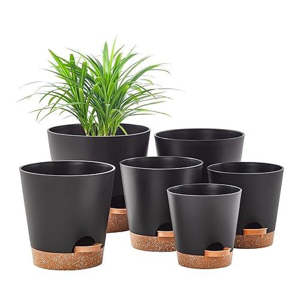 Faithland 6Pack Black Self Watering Planter Pots For Indoor Outdoor Plants 8 7 65 6 55 5 Inches Flower Pots