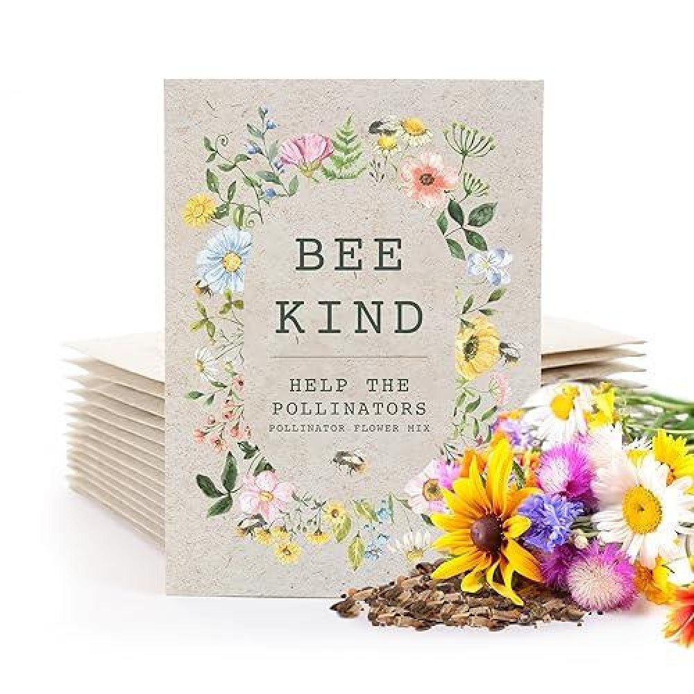 Bentley Seed Co. | Bee Kind Pollinator Flowers | Beautiful Bee Art Kraft Look Seed Packets | Environmental Favors Cards For Guests | Wildflower Mix Seed Packets | Eco-Friendly Hand Out Gift | 25 Pack